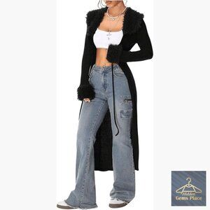 Long Cardigan with Faux Fur Trim, Open Front, Tie-Up, Y2K Knitted Sweater Coat